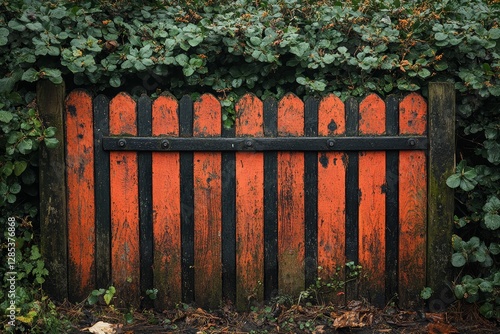 Obraz na płótnie Rustic Orange and Black Wooden Fence Gate with Lush Green Foliage w salonie
