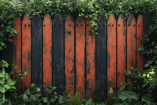 Obraz na płótnie Rustic Orange and Black Wooden Fence with Lush Greenery w salonie