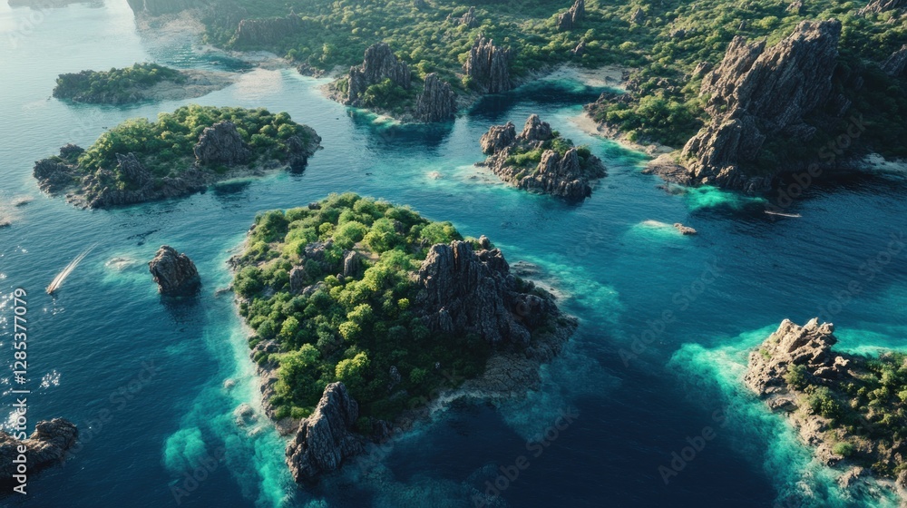 Aerial View of Lush Tropical Islands Surrounded by Crystal Clear Water Aerial View of Lush Tropical Islands Surrounded by Crystal Clear Water