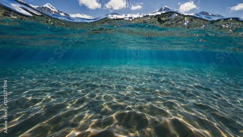 A vibrant and dynamic landscape unfolds, featuring a brilliant blue sky with puffy white clouds drifting lazily across it, reflected in the rippling blue water below, which appears to be in constant m
