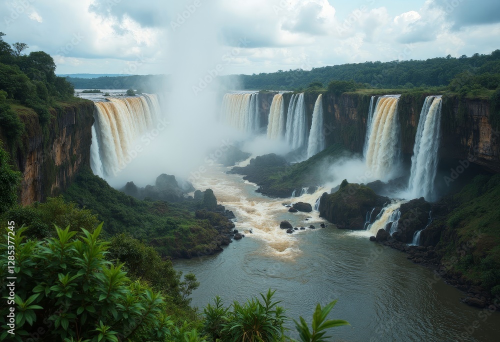Fototapeta premium Iguazu Falls, Argentina with Lush Greenery and Mist