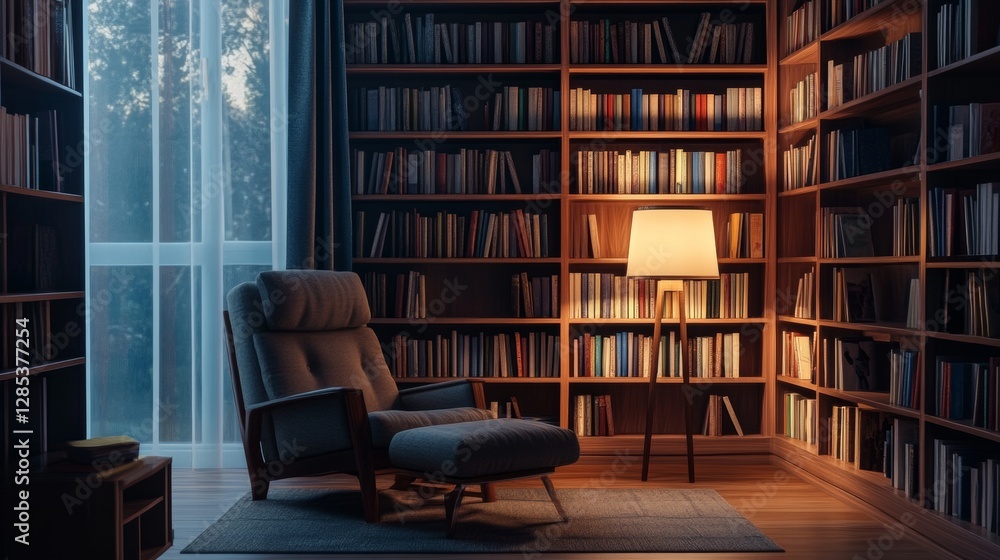 Cozy Reading Nook With Warm Lighting in a Modern Library Filled With Books, Perfect for Quiet Study and Relaxation at Any Time of the Day Cozy Reading Nook With Warm Lighting in a Modern Library Filled With Books, Perfect for Quiet Study and Relaxation at Any Time of the Day