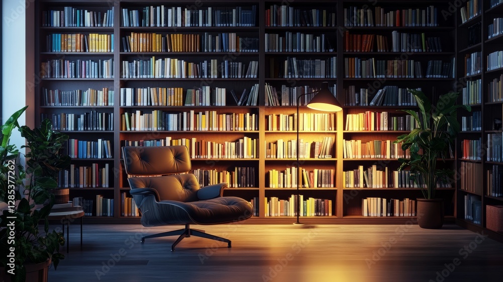 Cozy Reading Nook With Warm Lighting in a Modern Library Filled With Books, Perfect for Quiet Study and Relaxation at Any Time of the Day Cozy Reading Nook With Warm Lighting in a Modern Library Filled With Books, Perfect for Quiet Study and Relaxation at Any Time of the Day