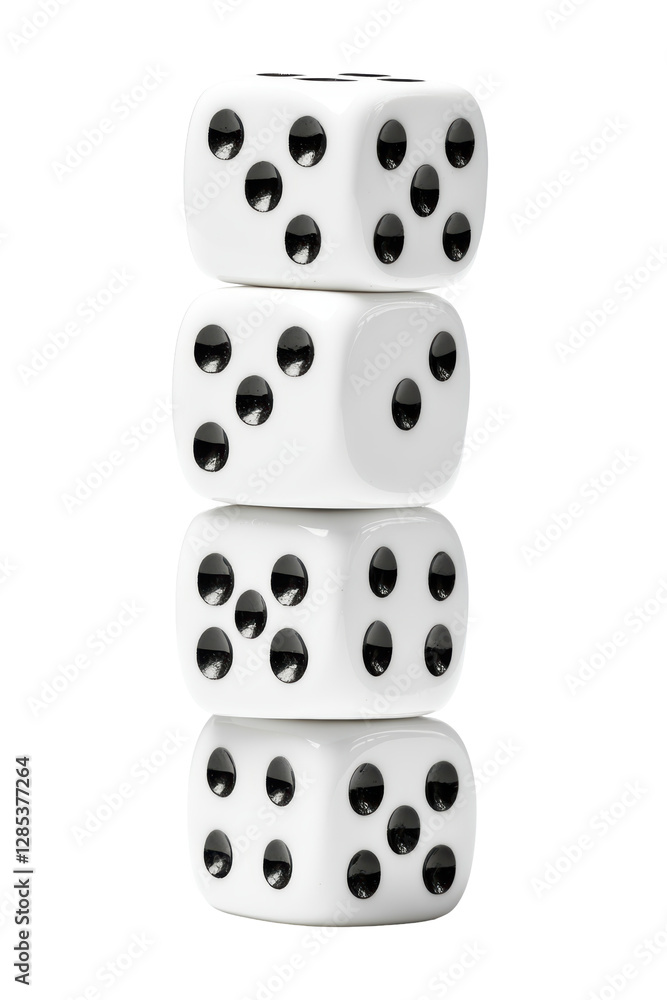 Isolated Upright Stack of Four White Dice with Contrasting Black Dots Isolated Upright Stack of Four White Dice with Contrasting Black Dots