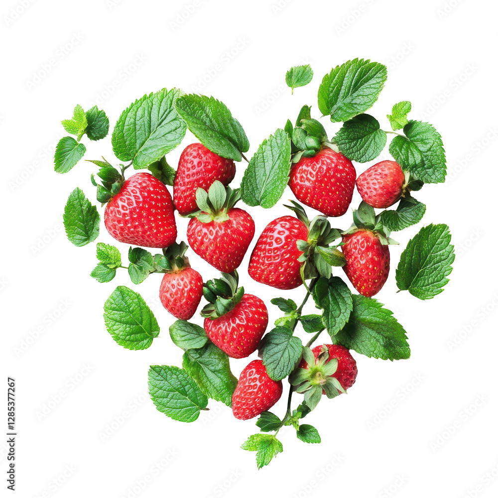 Isolated Arrangement of Strawberries and Mint Leaves Forming a Heart Isolated Arrangement of Strawberries and Mint Leaves Forming a Heart