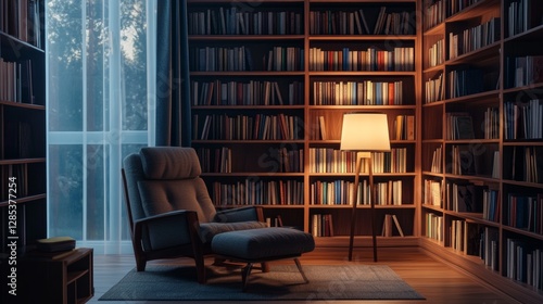Cozy Reading Nook With Warm Lighting in a Modern Library Filled With Books, Perfect for Quiet Study and Relaxation at Any Time of the Day