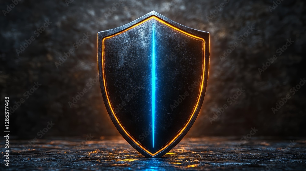 Glowing Metal Shield Security Protection Dark Background