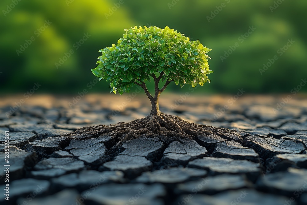 Young Tree Growing in Dry Cracked Earth