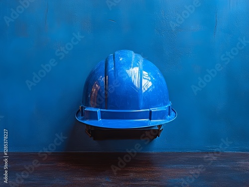 Blue Safety Helmet on Blue Wall  Construction  Industrial Safety