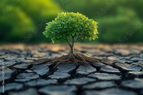Obraz na płótnie Young Tree Growing in Dry Cracked Earth w salonie