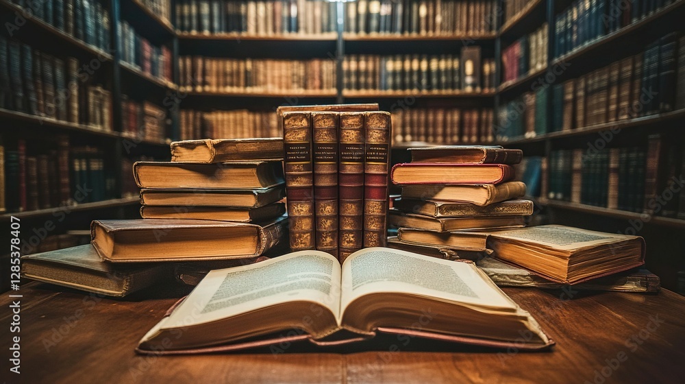 Set of books on table in library, education concept Set of books on table in library, education concept