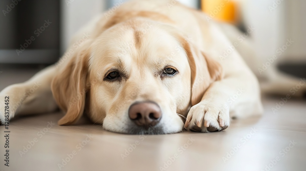 Charming golden retriever lying on floor looking tired and relaxed : Generative AI Charming golden retriever lying on floor looking tired and relaxed : Generative AI