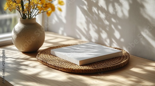 Sunlit Mockup  Blank Book on Wooden Table with Flowers