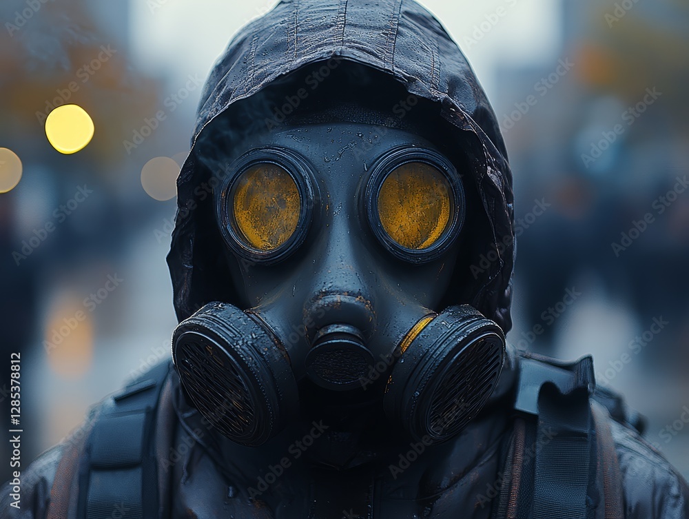 Person in Gas Mask Rainy City Environmental Protection