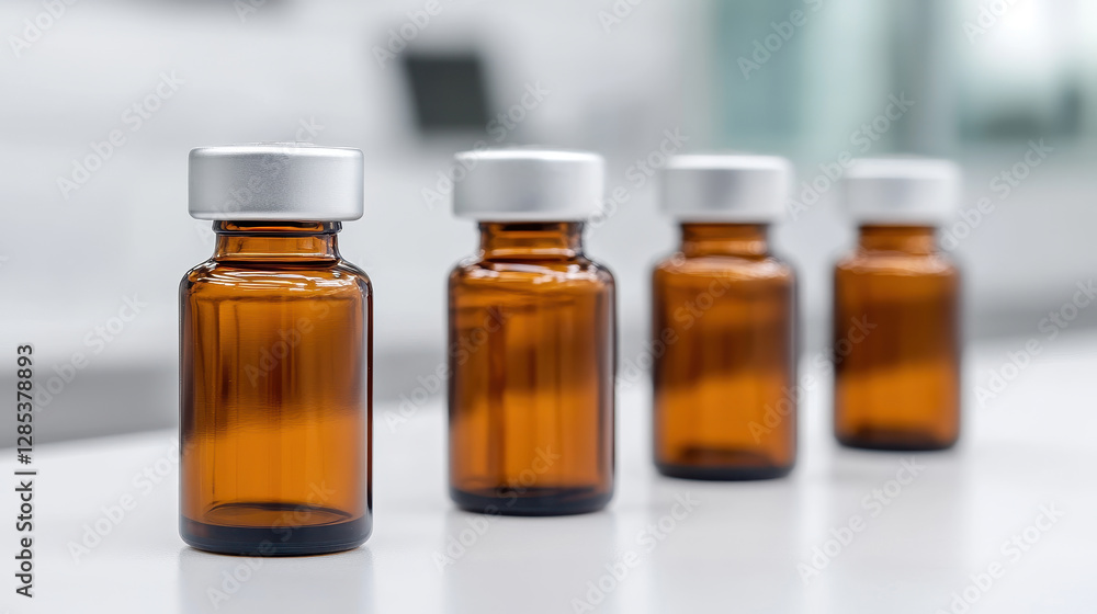 Four amber glass vials with white caps on laboratory table Four amber glass vials with white caps on laboratory table