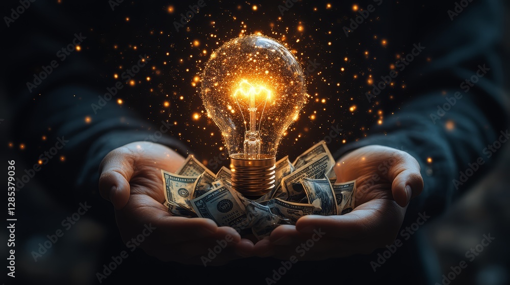Bright Idea Financial Success Glowing Lightbulb Money Innovation