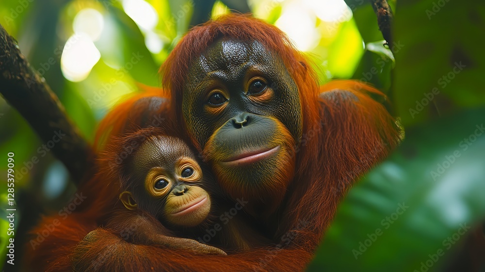 Orangutan Mother and Baby in Rainforest