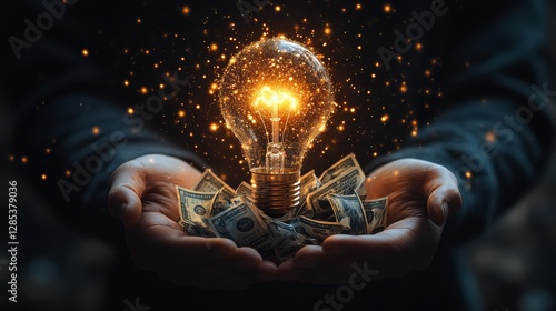 Obraz na płótnie Bright Idea Financial Success Glowing Lightbulb Money Innovation w salonie
