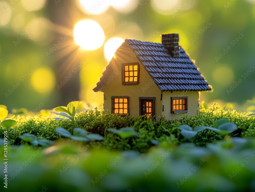 Dream Home Little House in Green Nature at Sunset