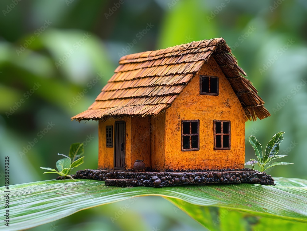 Miniature Thatched Roof House on Green Leaf