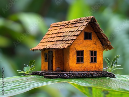 Obraz na płótnie Miniature Thatched Roof House on Green Leaf w salonie