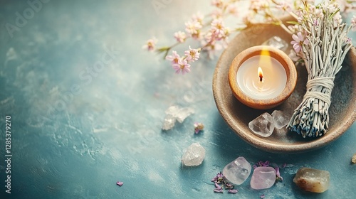 spirituality / mindfulness themed banner or header with white sage smudge stick, almond tree resin incense, healing crystal and candle, copyspace,