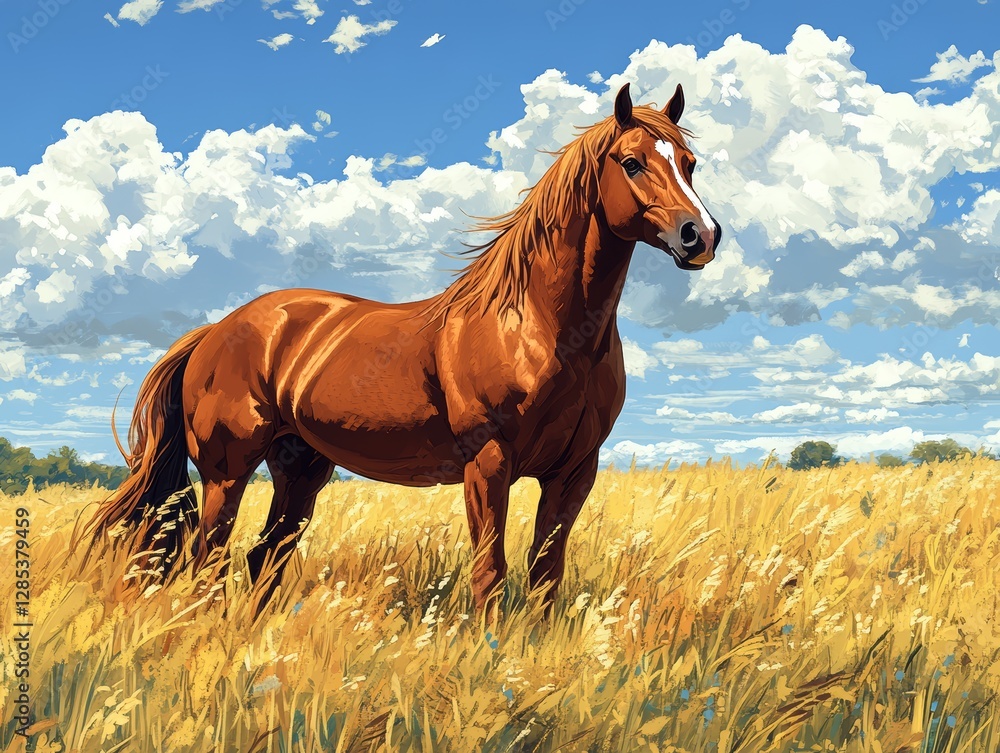 Chestnut Horse in Golden Wheat Field Under Blue Sky