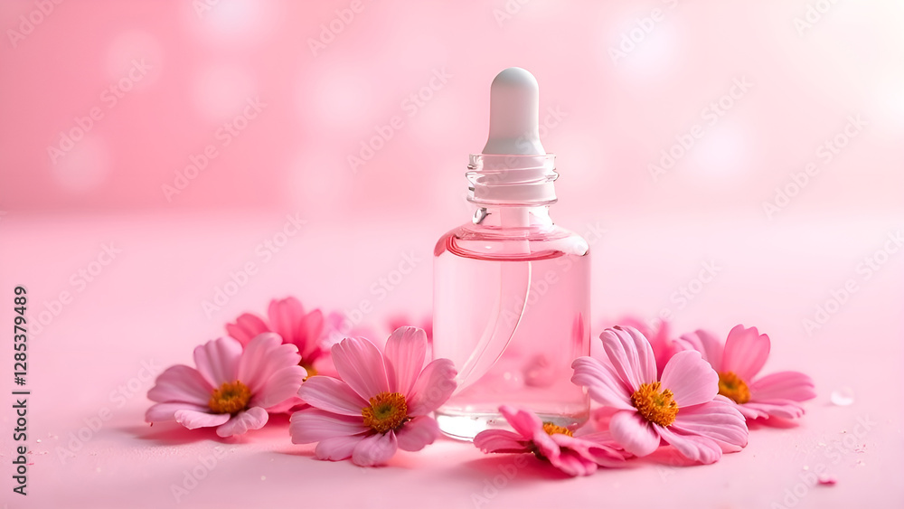 An elegant beauty serum bottle is surrounded by delicate pink flowers, perfect for skincare concepts and promotions