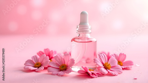 Obraz na płótnie An elegant beauty serum bottle is surrounded by delicate pink flowers, perfect for skincare concepts and promotions w salonie
