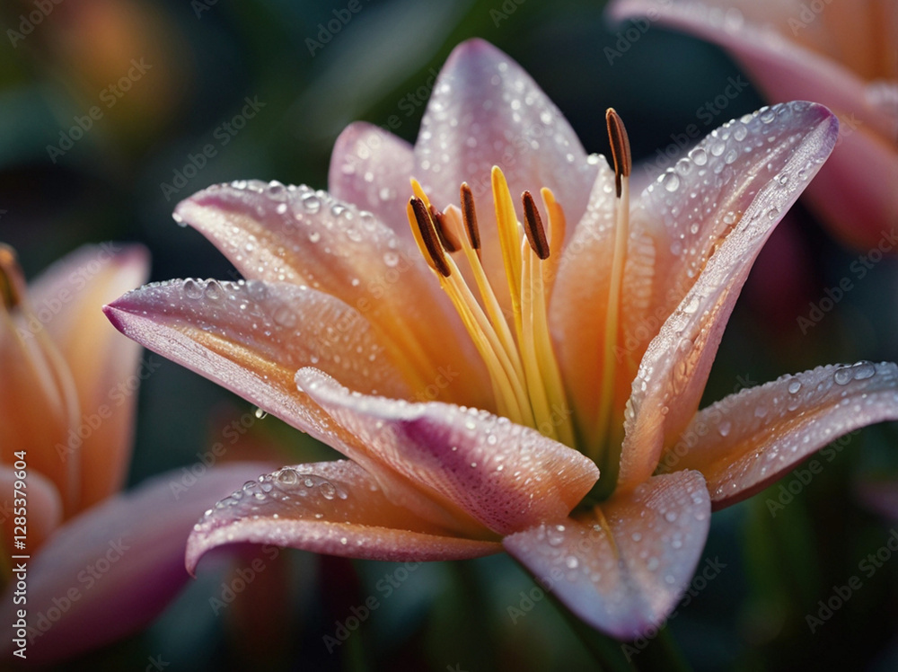 Fototapeta premium Dew-Kissed Peach Lily Close-Up A Stunning Floral Macro Photograph