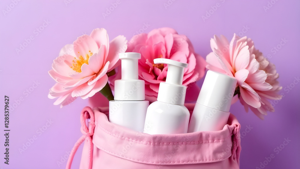 An elegant display showcasing a curated collection of skincare products nestled among pink flowers in a chic pink bag