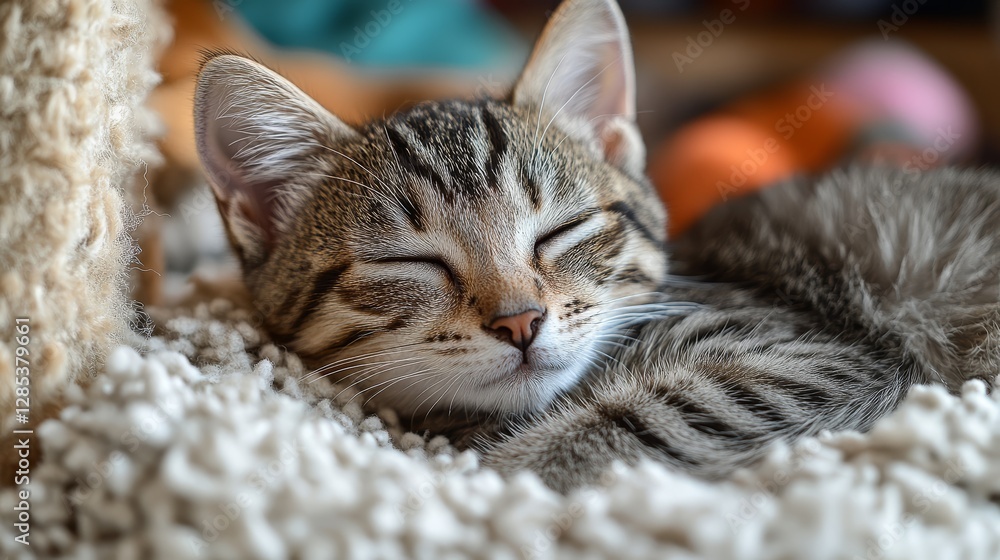 Adorable Tabby Kitten Sleeping Peacefully on Soft Blanket