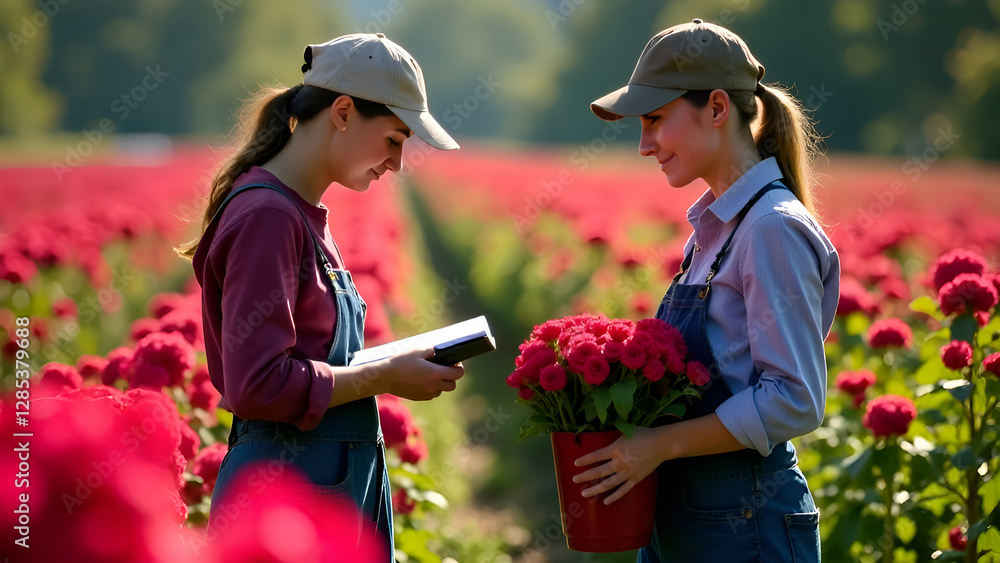 The painting depicts two workers in a flower field of bright maroon flowers. One of them is making notes in a notebook, looking intently at his notes. other worker, with a basket full of red flowers.