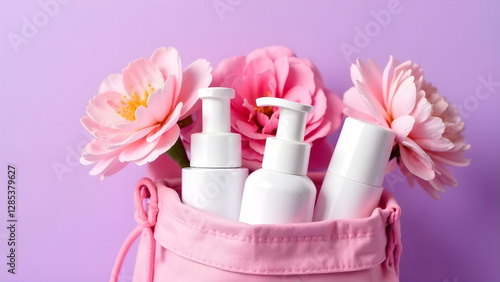 Obraz na płótnie An elegant display showcasing a curated collection of skincare products nestled among pink flowers in a chic pink bag w salonie
