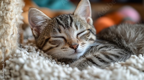 Obraz na płótnie Adorable Tabby Kitten Sleeping Peacefully on Soft Blanket w salonie