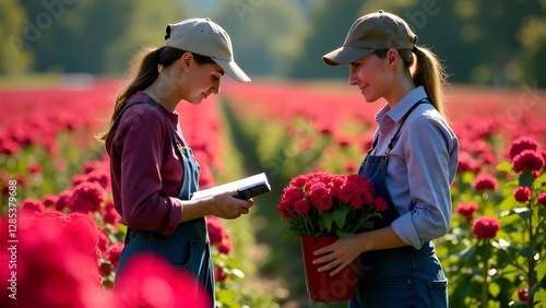 Obraz na płótnie The painting depicts two workers in a flower field of bright maroon flowers. One of them is making notes in a notebook, looking intently at his notes. other worker, with a basket full of red flowers. w salonie