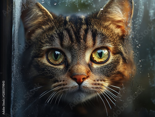 Curious Cat on Wet Window  Pet Portrait  Feline Gaze