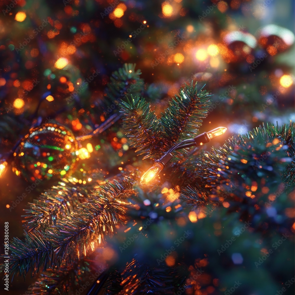 Fototapeta premium Christmas tree lights bokeh, glowing decorations