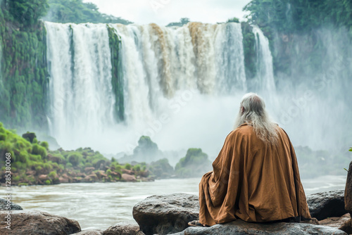 Moses sitting on rocks in front of the misty and majestic  falls, looking at it with his back to us, wearing an old brown robe