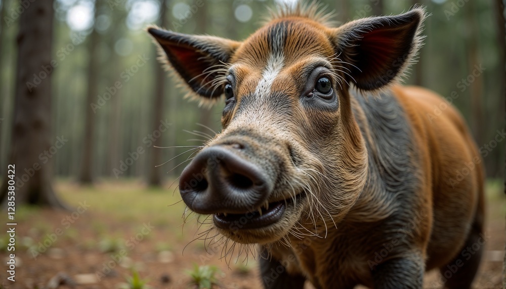 Fototapeta premium Close-up of a happy wild boar in forest with trees in background, copy space 