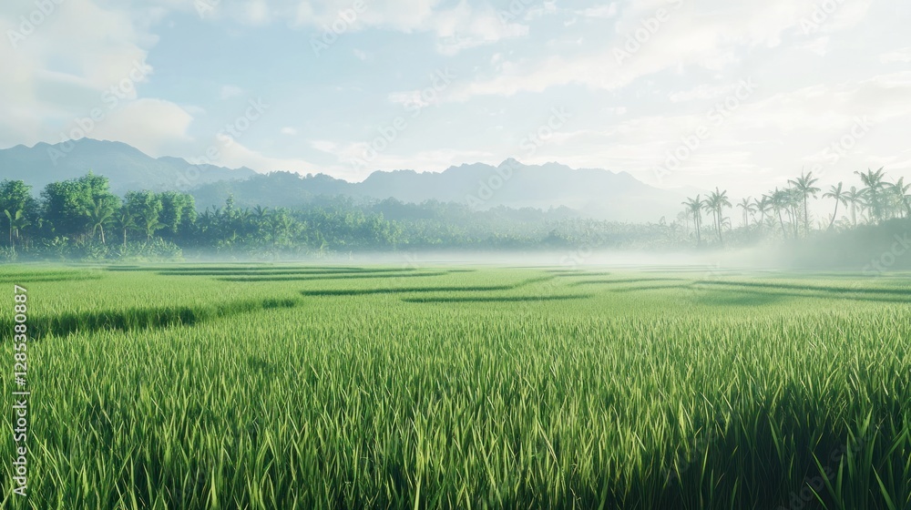 Serene Morning in Lush Rice Fields Surrounded by Mountains and Palm Trees Serene Morning in Lush Rice Fields Surrounded by Mountains and Palm Trees