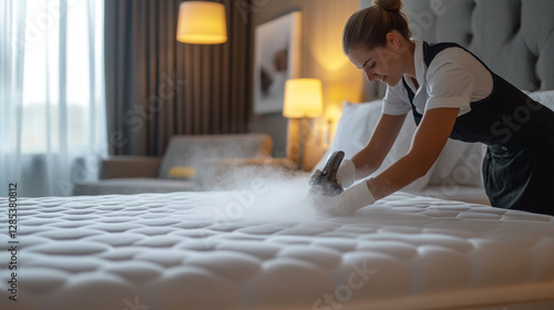 Hotel maid cleaning fresh white mattress steam cleaning service bed room work linen woman gloves