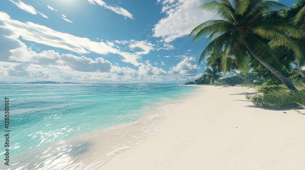 Serene Tropical Beach Scene: Clear Waters, Lush Palm Trees Under Sunny Skies Serene Tropical Beach Scene: Clear Waters, Lush Palm Trees Under Sunny Skies