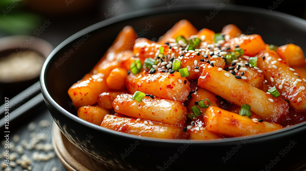 Korean Tteokbokki dish with rice cakes in spicy red sauce, topped with sesame seeds and green onions. A flavorful, spicy, and delicious meal perfect for snack time Korean Tteokbokki dish with rice cakes in spicy red sauce, topped with sesame seeds and green onions. A flavorful, spicy, and delicious meal perfect for snack time