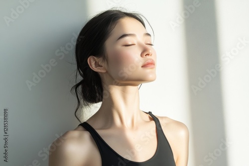 Strong woman pose, studio shoot, portrait, natural light, close-up of confidence and resilience.