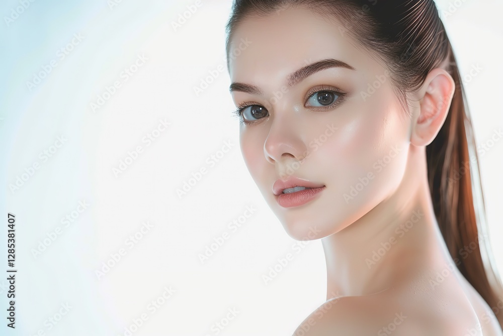 Fototapeta premium close up face portrait of young pretty Asian woman with bright flawless skin, beauty cosmetic or skincare fashion portrait with copy space isolated on white background,