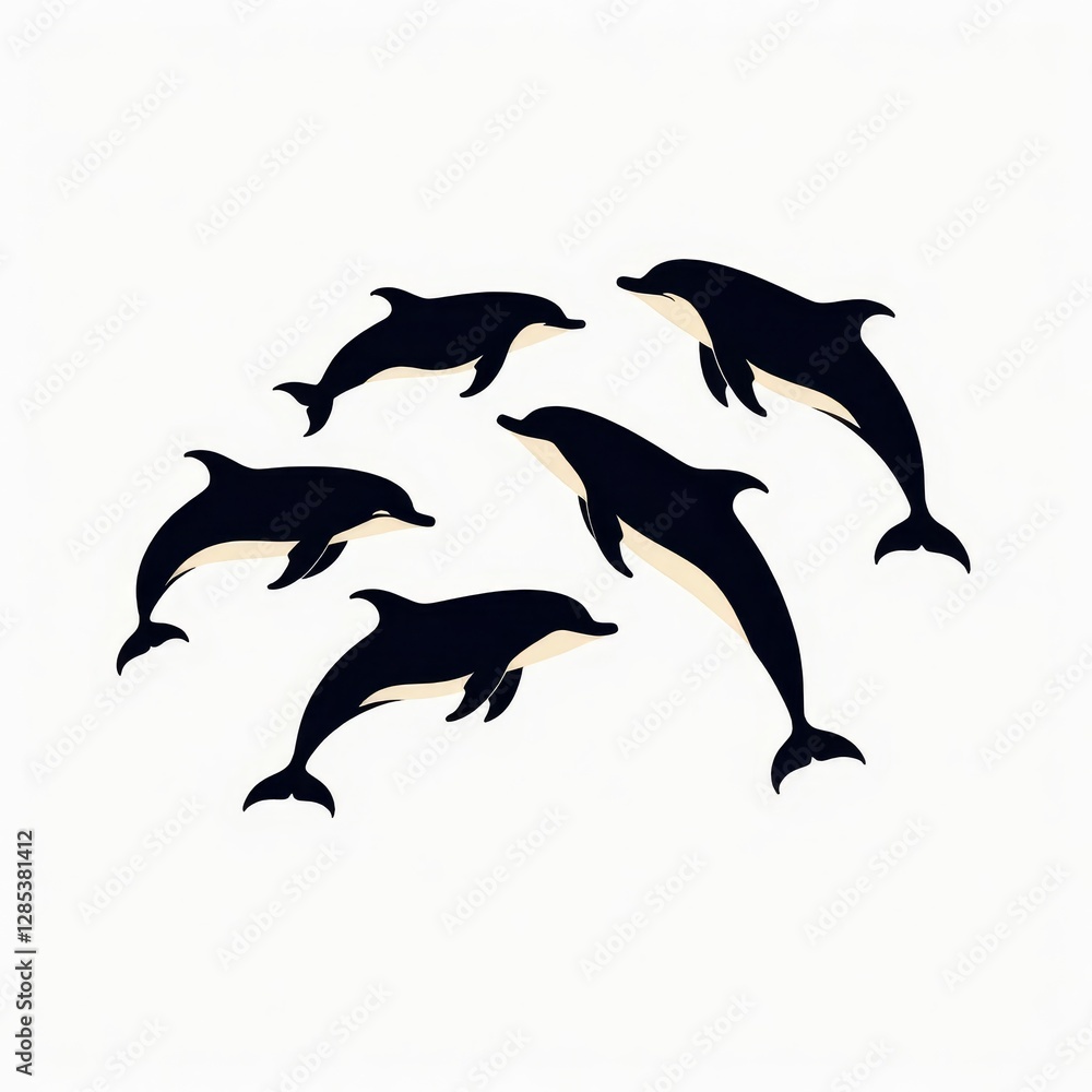 Naklejka premium Playful pod of graphic dolphins on white