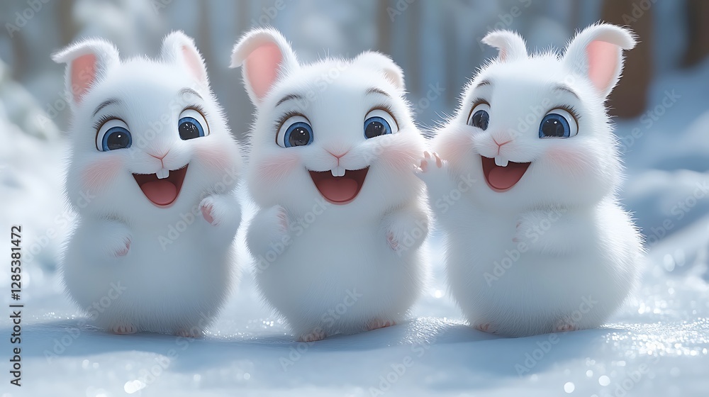 Obraz premium Cute Rabbits in Snow. Happy Winter Forest