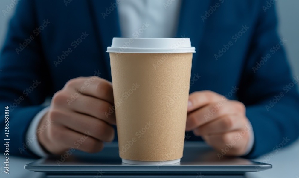 Close up of hands holding a disposable coffee cup on a tablet, neutral background. The person is wearing a navy blue blazer Close up of hands holding a disposable coffee cup on a tablet, neutral background. The person is wearing a navy blue blazer
