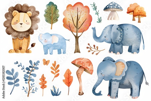 Adorable Watercolor Animals Autumnal Elements Lion Elephants Trees Leaves Mushrooms Perfect for photo